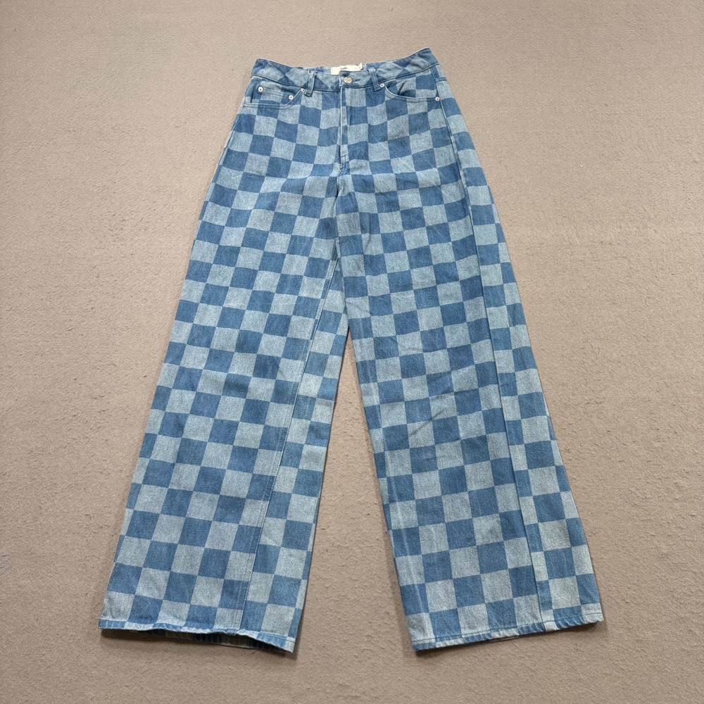 Twik Wide Leg Jeans Women's 27 Blue Checkered High Rise Relaxed Fit Y2K Style